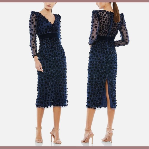 NEW $598 Mac Duggal [ 16 ] Embellished V Neck Illusion Column‎ Midi Dress Blue - Picture 2 of 14